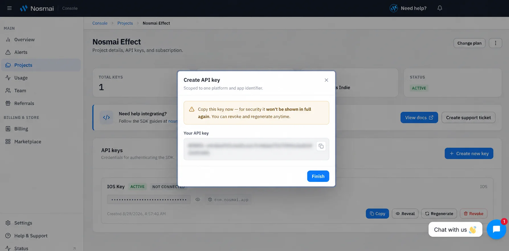Nosmai Console one-time API key display with the key value hidden