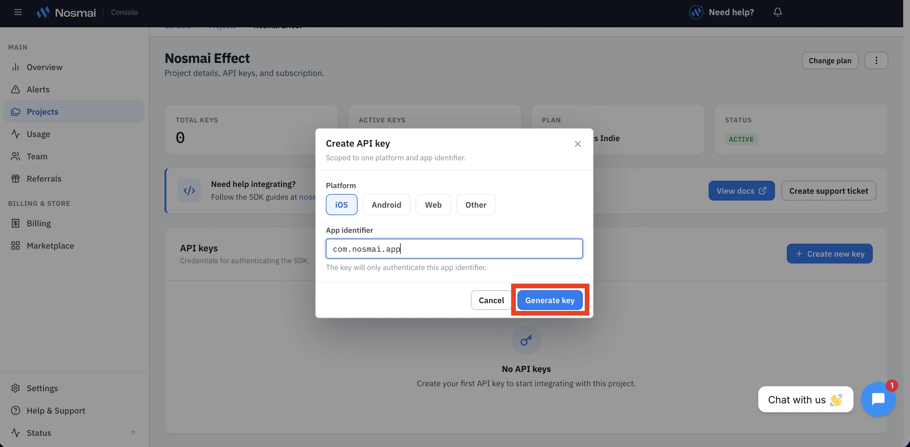 Nosmai Console platform and app identifier fields used to generate an app-bound key
