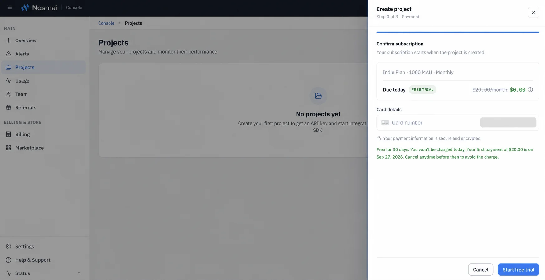 Nosmai Console payment step with card details required before starting the trial