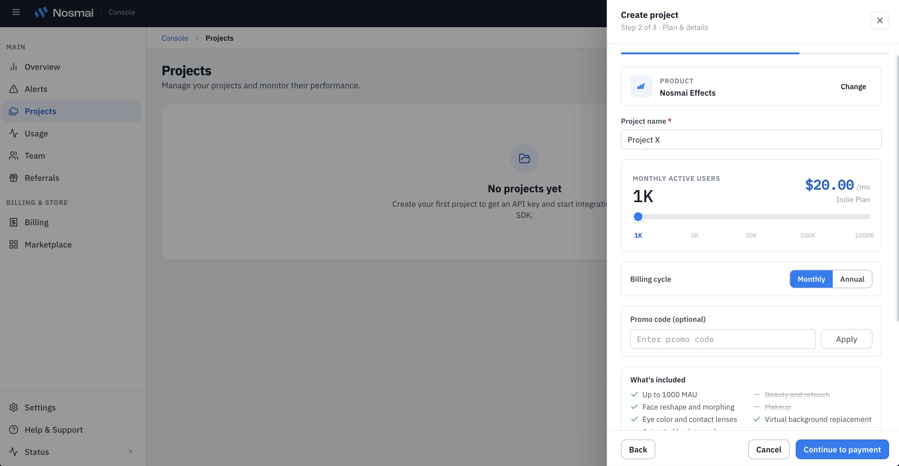 Nosmai Effects project name, usage plan, billing cycle, and optional promo code fields
