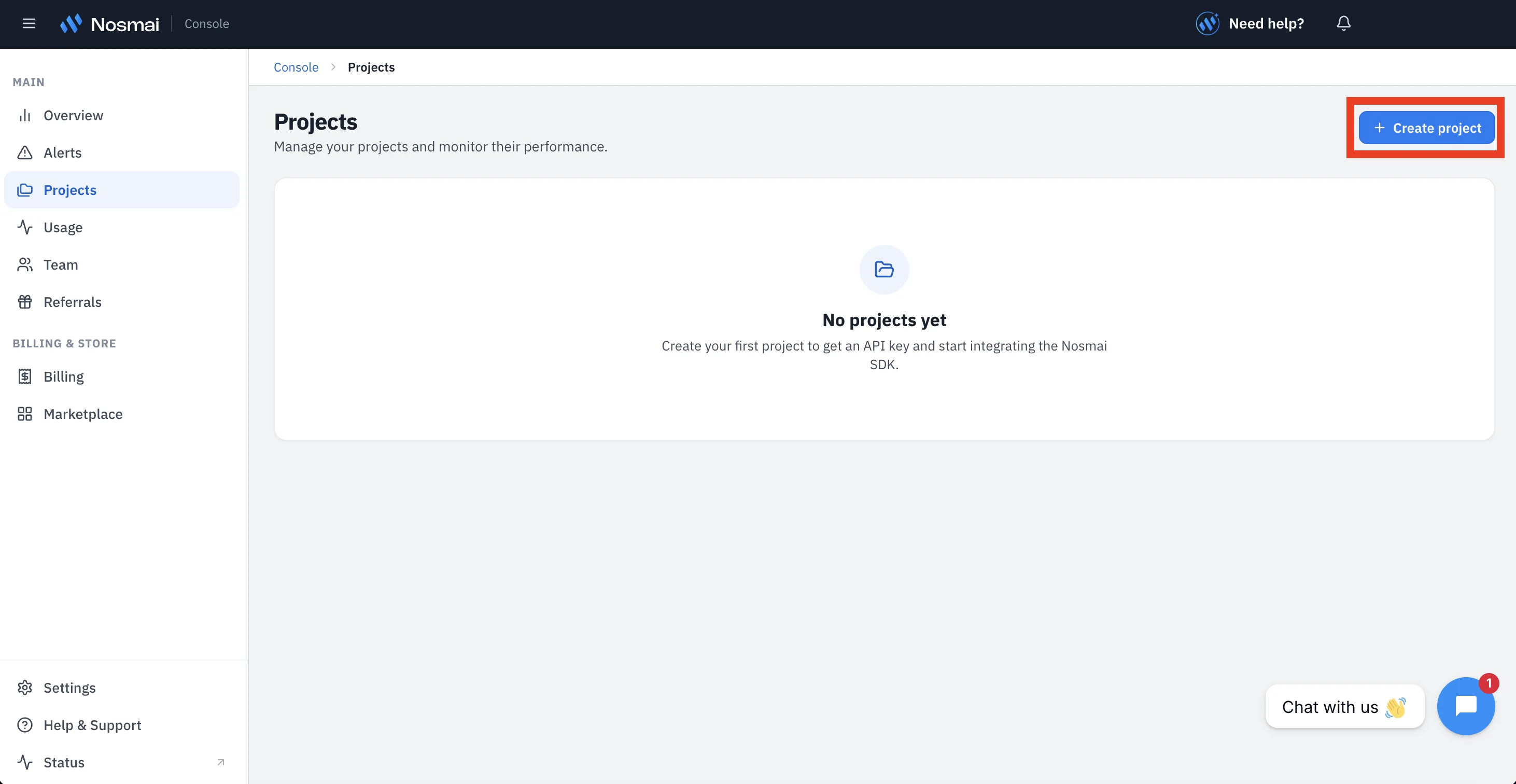 Nosmai Console Projects page with the Create project button highlighted